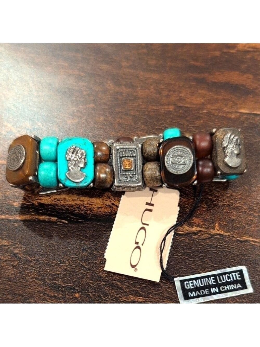 Hugo Brown Lucite And Faux Turquoise Beaded Bracelet ,New With Tags.